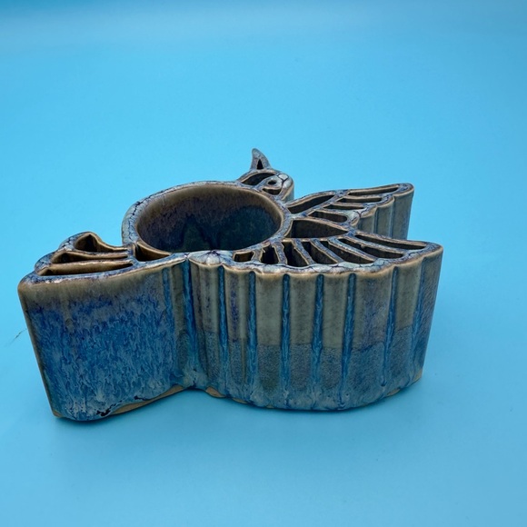 Bay Pottery Candle Pots Handmade Pottery Hummingbird Blue Glaze Candle Holder - Picture 3 of 5